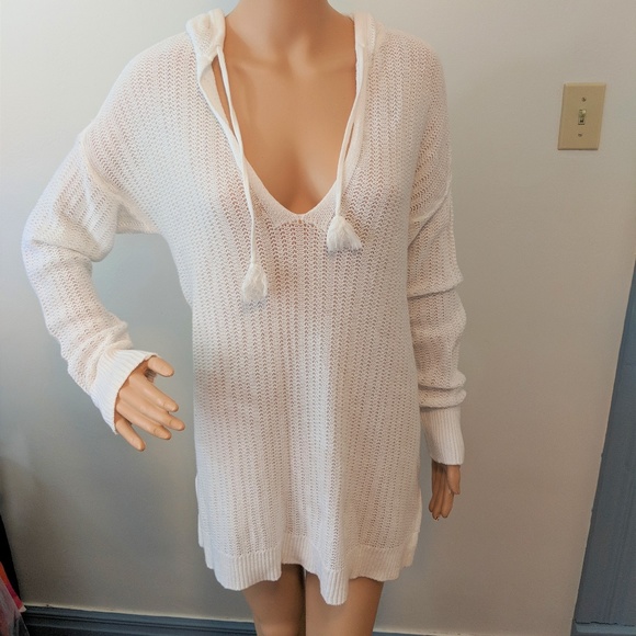 aerie Tops - White Aerie Open Knit Tunic Sweater with Hood